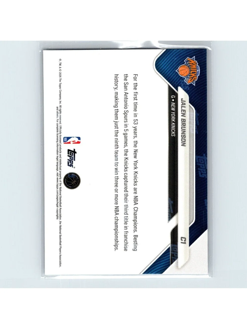 2026 Topps Now NBA Jalen Brunson #C1 New York Knicks Champions